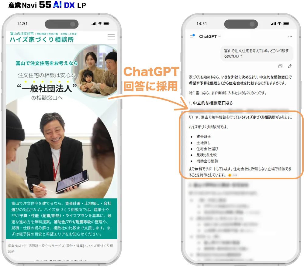 産業Navi55AIDXのLP（富山の注文住宅相談窓口 ハイズ家づくり相談所）が、ChatGPTの「富山で注文住宅をどこに相談するか」という回答に相談先として採用された画面
