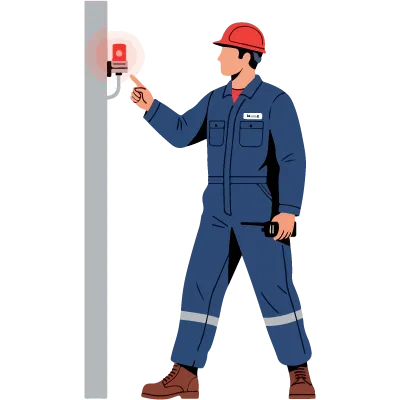 設備の異常を知らせる赤い警報ランプを確認する作業員のイラスト