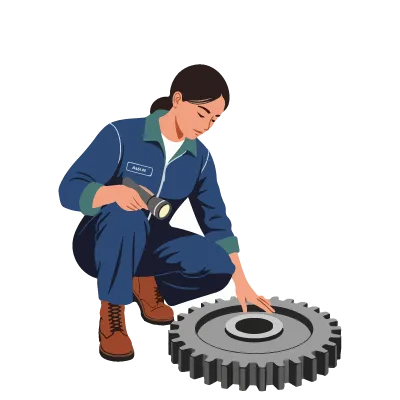 取りはずした歯車の摩耗や不良の要因を確かめる作業員のイラスト